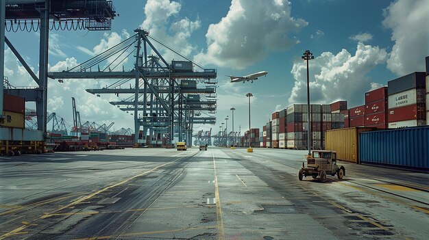 Port with cargo vessel during cargo operation in the port industry shipping Containers logistics