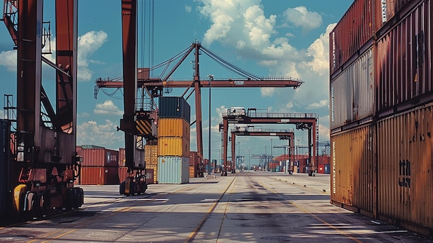 Port with cargo vessel during cargo operation in the port industry shipping Containers logistics