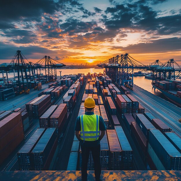 Photo port worker overseeing cargo containers at a bustling port at sunset