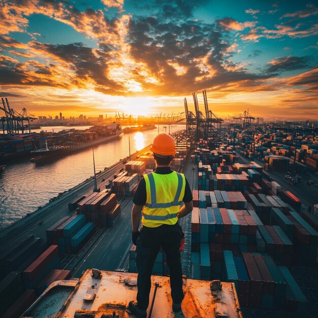 Photo port worker overseeing cargo containers at a bustling port at sunset