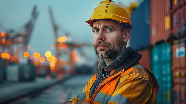 Port Worker in Yellow Hard Hat by Shipping Containers Generative AI