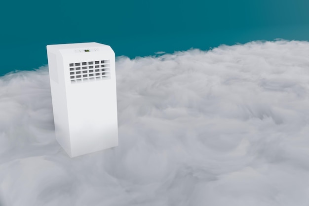 Photo portable air conditioner on blue background with fog 3d