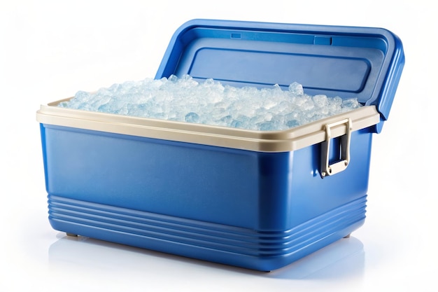 Portable Blue Cooler Box Filled with Ice Cubes A blue portable cooler box filled with ice cubes r