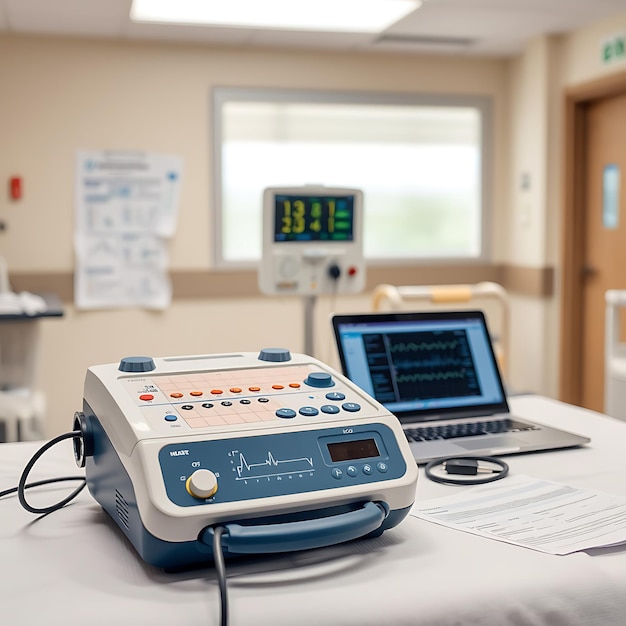 Photo portable ecg machine with laptop and charts