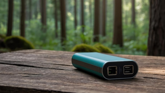 Photo portable power bank on a camping table with a forest backdrop ideal for outdoor adventures