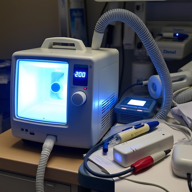 Portable Ventilator with Glowing Display Next to Medical Tools