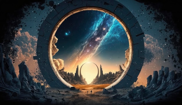 Portal to another world Futuristic cosmic landscape with circle tunnel in starry sky Gate in space futuristic background with galaxy and nebula Created with Generative AI