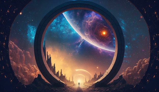 Portal to another world Futuristic cosmic landscape with circle tunnel in starry sky Gate in space futuristic background with galaxy and nebula Created with Generative AI