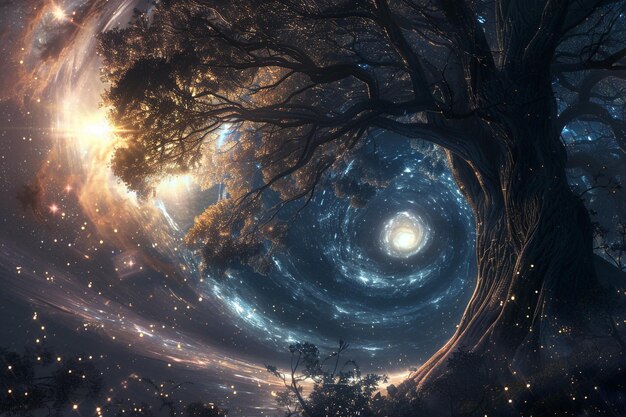 A portal to another world opens in the night sky a swirling vortex of stars and light