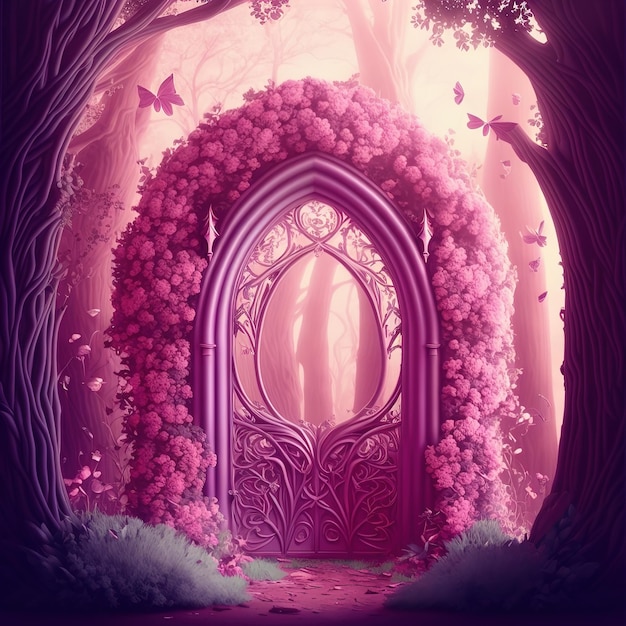 Portal in a flower arch with a glamorous gate in a pink fairytale forest 3d illustration