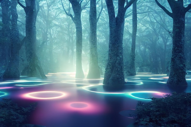 Portal in the foggy night forest light portal Mystical and magical concept 3D rendering raster illustration