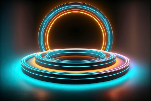 Portal and hologram futuristic Neon color circle elements. Standard podium