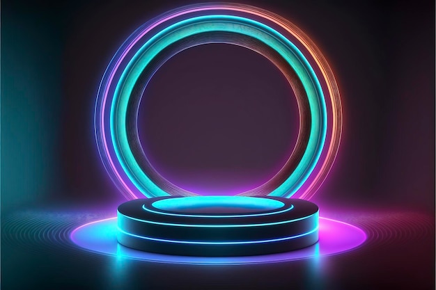 Portal and hologram futuristic Neon color circle elements. Standard podium