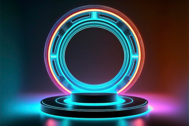 Portal and hologram futuristic Neon color circle elements. Standard podium