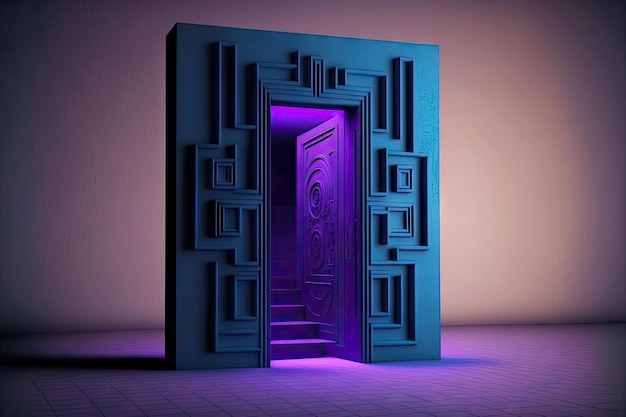 Portal with steps to purple door and bright blue elements around d abstract