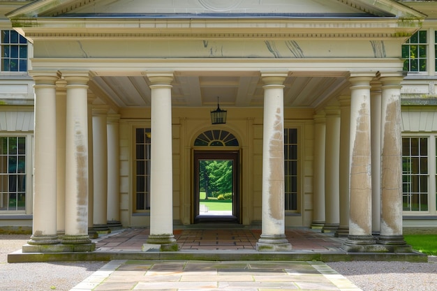 Photo a portico entrance frames a large building with a view of a garden through the open doorway a pedimented portico framing the main entrance