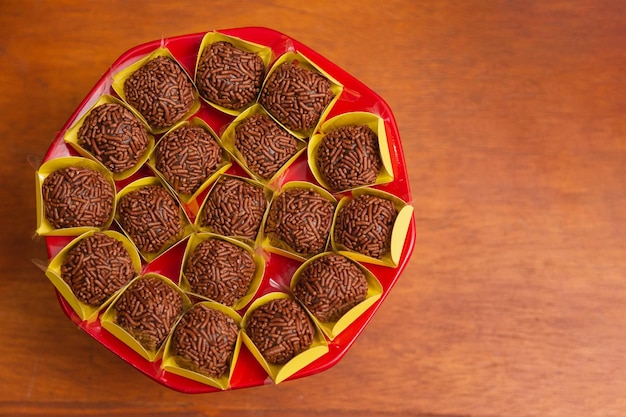 Portion of chocolate brigadeiros a typical Brazilian sweet served on children's birthdays