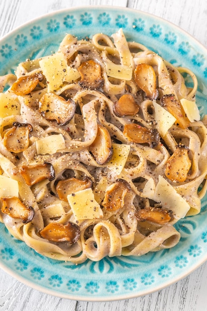 Portion of Creamy Tagliatelle pasta with Mushrooms