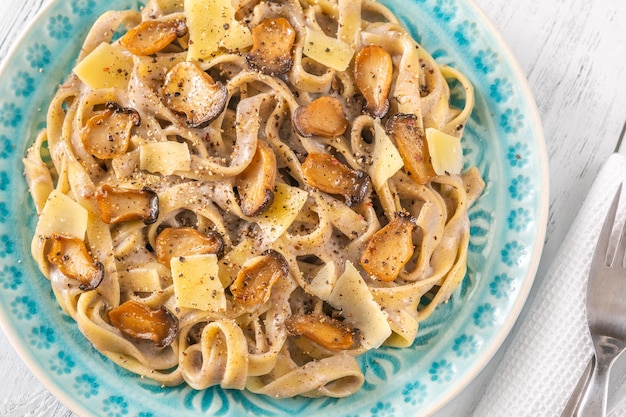 Portion of Creamy Tagliatelle pasta with Mushrooms