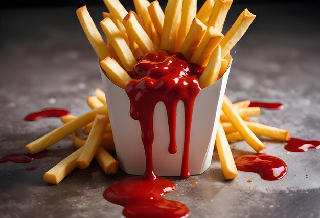 Photo a portion of fries with a splash of bright red ketchup adding a touch of deliciousness