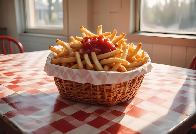 A portion of fries with a splash of bright red ketchup adding a touch of deliciousness