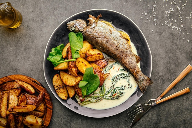 Photo portion of grilled fish with potato and sauce