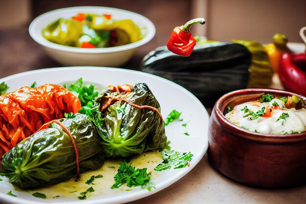 Portion of homemade stuffed cabbage rolls with side dish of rice