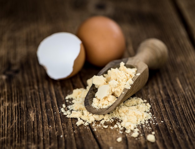 Photo portion of powdered eggs as detailed closeup shot selective focus