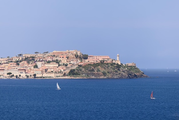 Portoferraio upon spur of rocks and Fortezzas Medicea Medici Fortresses, Island of Elba, Italy