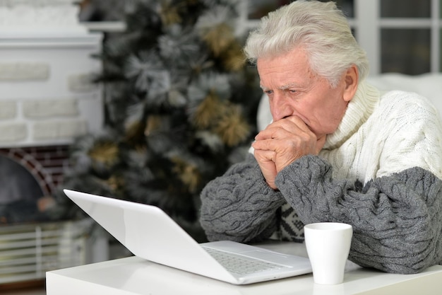 Portraint of a senior man with laptop at home