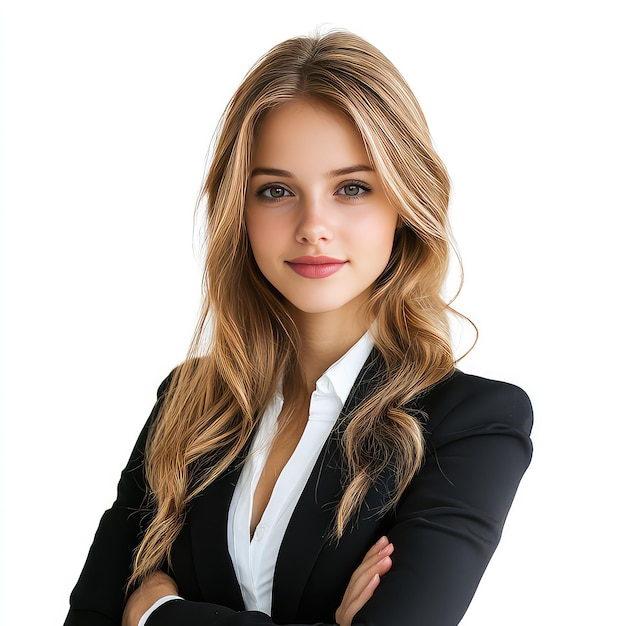 A portrait of a 22yearold girl in a professional suit to illustrate a sales and management school website White background style raw stylize 50 v 61 Job ID e89c357c085540359a3140690c9000f7