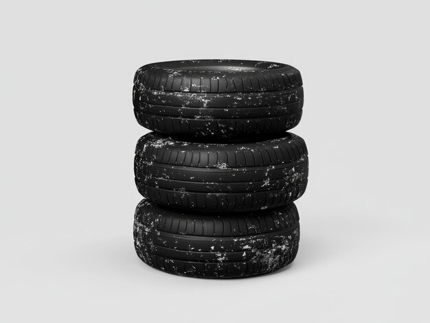 Photo portrait of 3 old black car tires stacked on a white background for a 3d advertising campaign agains