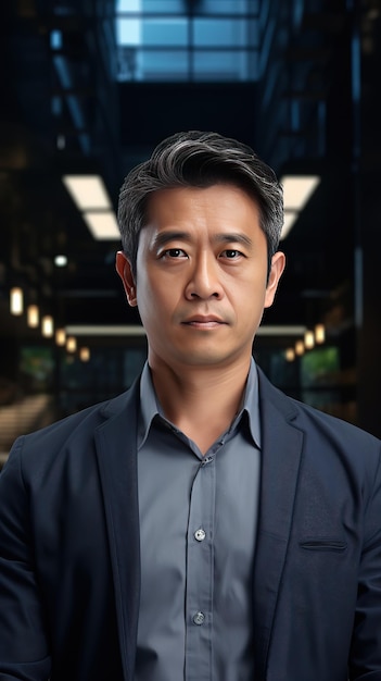 portrait 35 years old Asian man wearing a suit looking at the camera