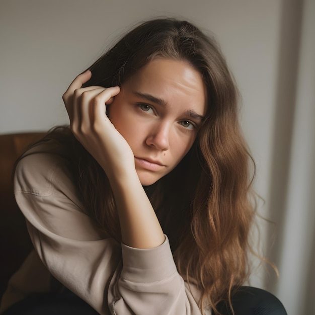 a portrait of a4 young woman with depression sitting with her hand on her forehead