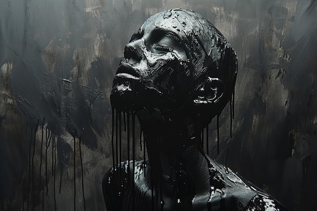 A portrait of an abstract human figure with dripping black paint on their face and body standing in