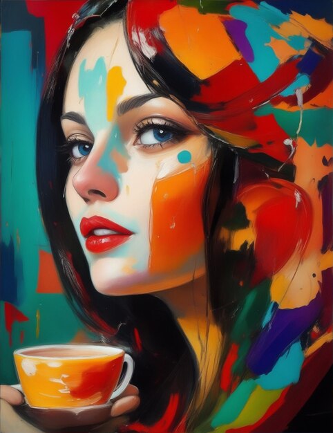 Portrait abstract oil painting a colorful cafe