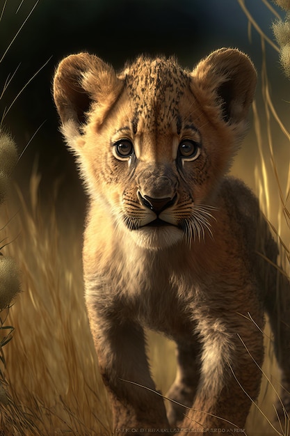 Portrait of an adorable African lion cub on an African savannah plain in eastern and southern Africa