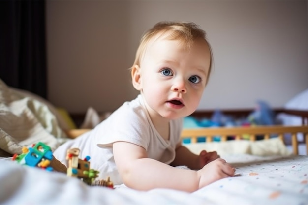 Portrait of an adorable baby boy lying on a bed with toys created with generative ai