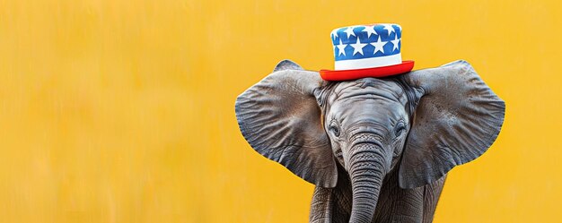 Photo portrait of an adorable baby elephant wearing a stars and stripes hat on a bright yellow background