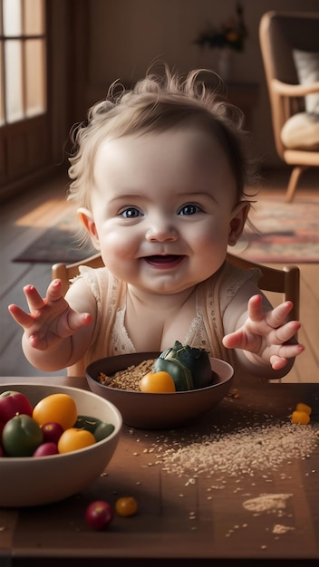 Portrait of adorable baby girl playing with food