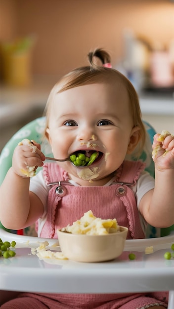 Portrait of adorable baby girl playing with food