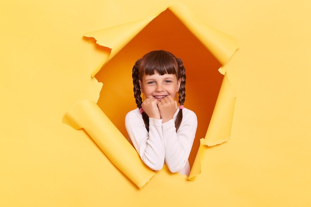 Portrait of adorable charming little girl with braids wearing casual shirt looking through torn hole in yellow paper looking at camera with amazed eyes keeps fists under chin