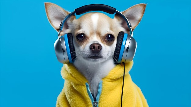 Portrait of adorable dog wearing a yellow jacket with headphones on flat blue background Cool fashionable dog listens to music on wireless headphone on blue background Creative idea concept