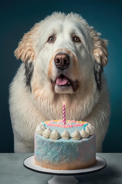 Portrait of an adorable domestic dog celebrating a birthday in front of a yummy cake with a candle Best friend concept