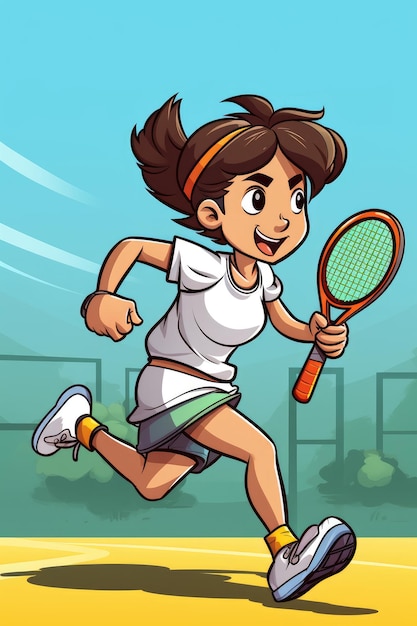 Portrait of an adorable little girl running on a sports field playing tennis