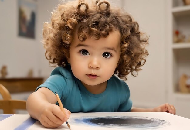 Photo portrait of adorable little toddler kid holding a paintbrush and working on a painting confidence positivity freedom be creative concept