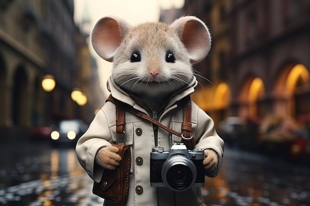 portrait of adorable mouse tourist in a jacket with a camera on evening city street