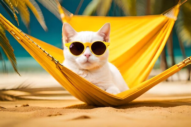 portrait of an adorable white cat in sunglasses and an shirt lies on a fabric hammock isolated