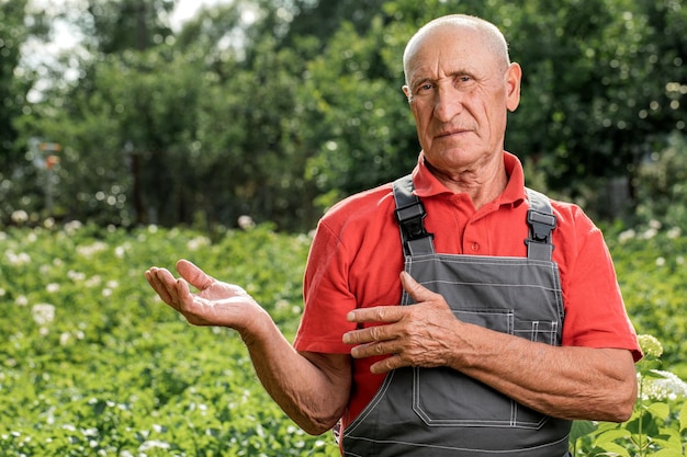 Portrait of an adult farmer smiling and looking at the camera A cheerful old man with gray hair wearing an outdoor apron with a copy of the space