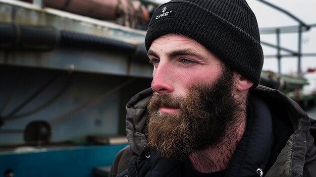 Photo portrait of adult fisherman on a trawler boat